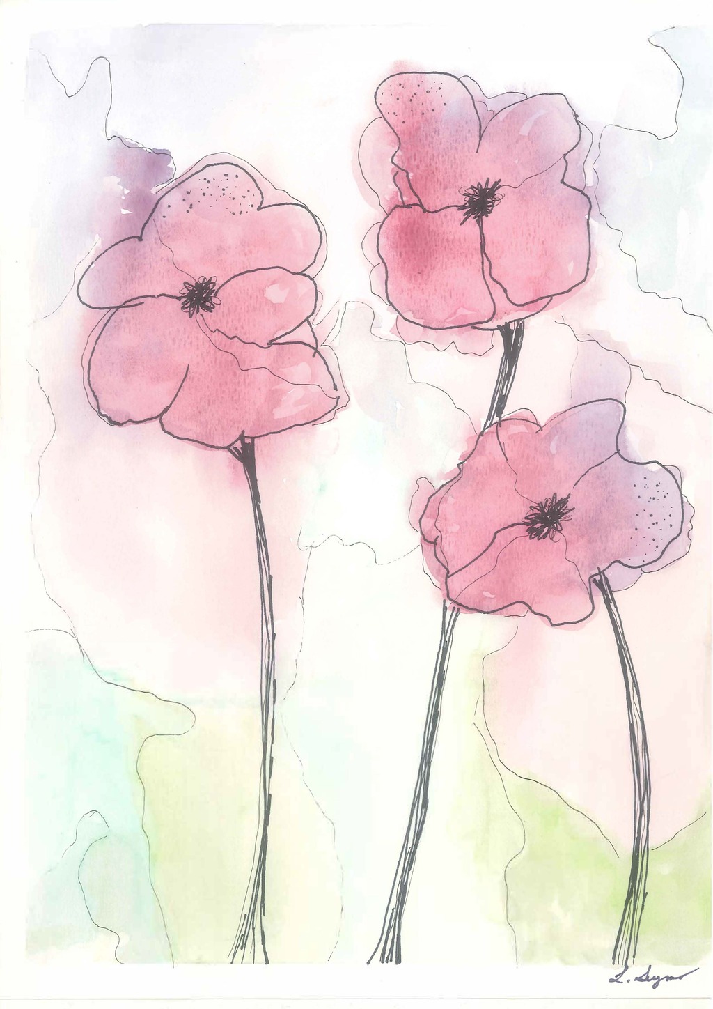 A watercolour of three flowers, perhaps poppies, with an ethereal and layered approach to the watercolour paints.
