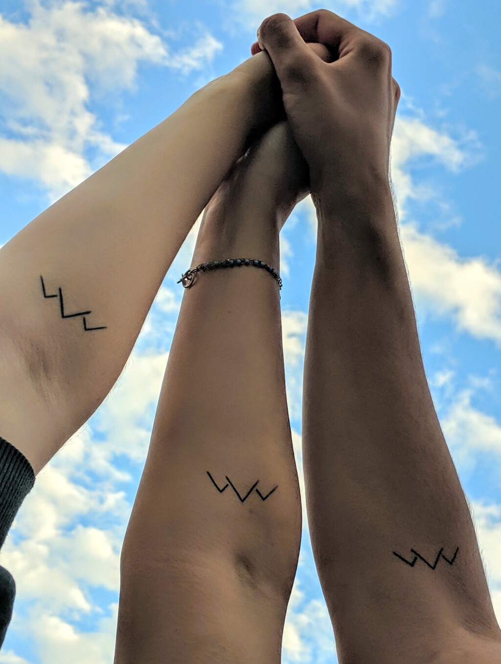 A photograph of three arms, all with matching tattoos of what appears to be a mountain ridge in the style of a basic pen stroke, with all three hands holding tight to each other, with a bright blue sky with white clouds background.