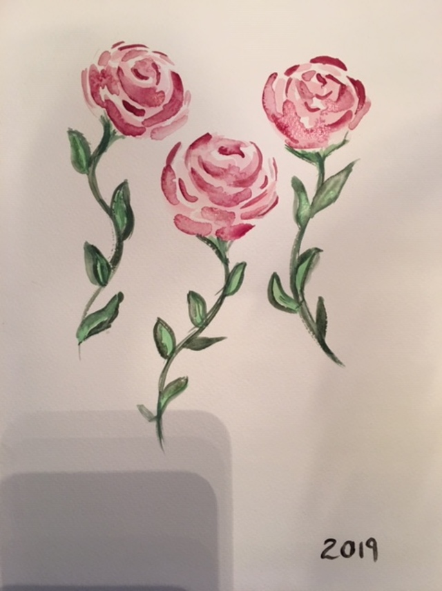 A watercolour painting of three red roses and their green stems.